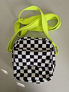 Black & White Checkered Crossbody Bag with Neon Yellow Strap